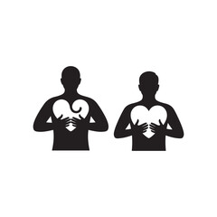 Fototapeta premium Two men in silhouette holding heart shapes in their chests on white background and transparent