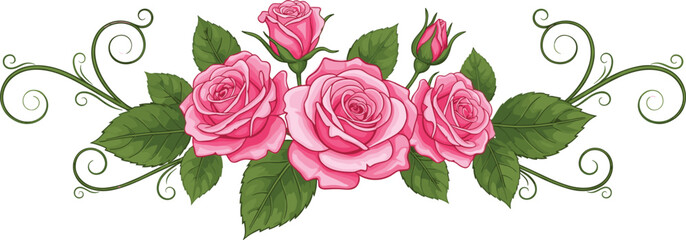 Elegant Horizontal Floral Border Featuring Pink Roses With Green Leaves And Decorative Swirl Vines For Romantic Wedding Invitation Greeting Cards And Spring Decor © MdGohurul