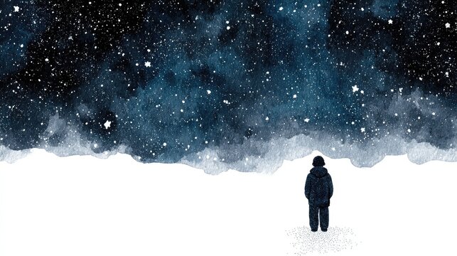 Solitary figure gazes upward toward a richly detailed, star-filled night sky above a snowy landscape.