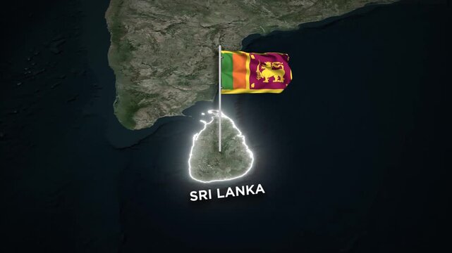 Sri Lanka Glowing Boundary Map Animation with 3D Waving of Sri Lanka National Flag on World Map