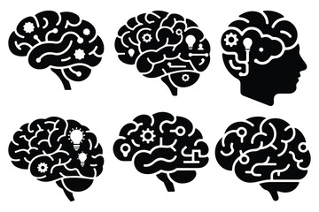 Black and white human brains with mechanical parts and gears