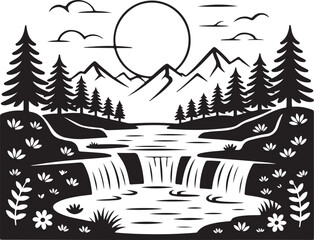 Obraz premium Scenic Waterfall Cascade in Pine Forest: Serene Mountain Landscape Vector, Minimalist Nature Emblem: Black and White Wilderness Illustration with Sun and Trees