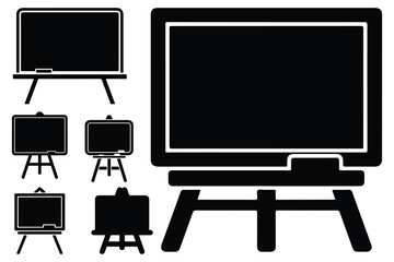 Black silhouettes of various blank presentation screens on easels