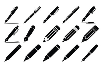 Black and white of various writing instruments pens