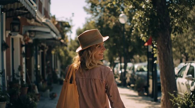 Person walking through a familiar neighborhood street carrying a reusable bag, capturing an unposed moment of everyday sustainability and authentic local lifestyle in natural light.
