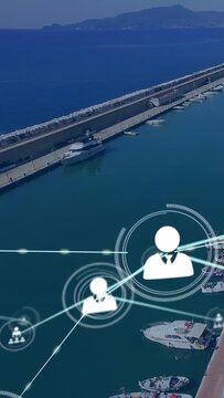 Vertical video: HUD fading from left over marina, nodes rising above boats linking to map networks