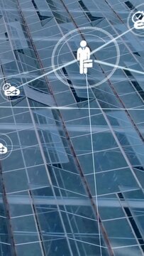 Vertical video: Thin lines sweeping in, user icon linking clouds across glass wall, showing network