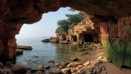Coastal cave formation with clear waters and blue sky landscape