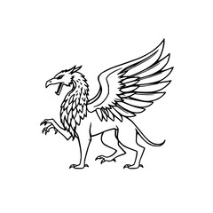 Obraz premium Striking Black Silhouette of a Mythical Griffin, a Powerful Heraldic Beast, Rendered as a Clean 2D Vector Illustration on a Crisp White Background – Ideal for Fantasy & Symbolism Designs