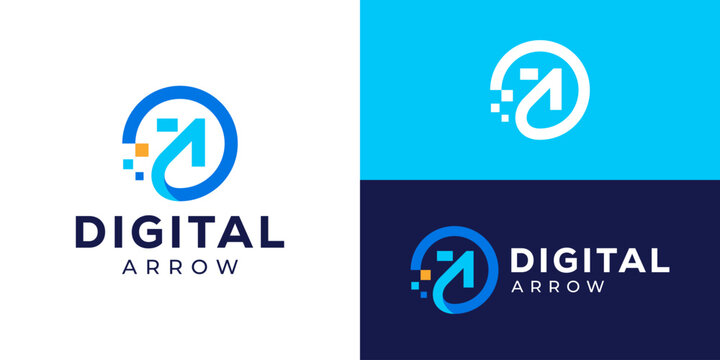 Creative modern digital arrow logo template. Simple circle arrow with digital tech symbol logo design vector illustration.