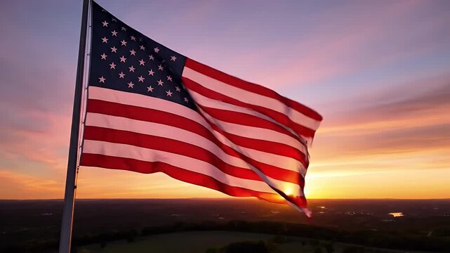 American Flag Waving at Sunset - A wide shot captures the American flag waving gently in the breeze, illuminated by the warm, golden light of the setting sun.