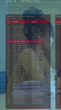 Vertical video: Woman sitting at table, terminal overlay appearing, filtering user IDs for security