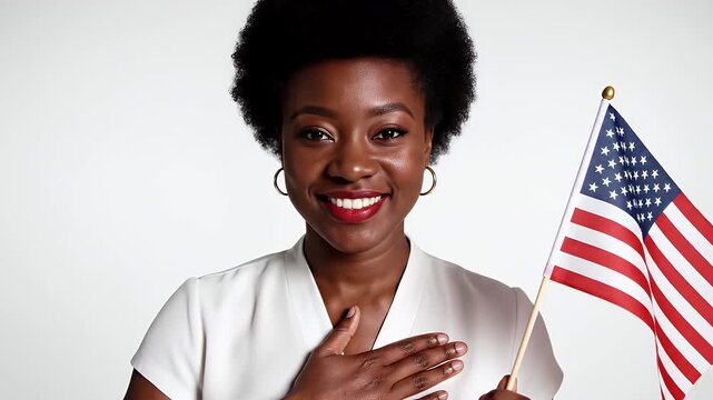 Patriotic Woman with American Flag - A smiling African American woman is holding a small United States of America flag with her right hand.