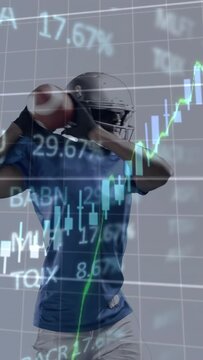 Vertical video: Player holding ball shifting to run while finance ticks rising over body for gains