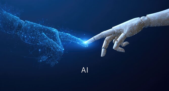 AI and Human Connection - Digital Hand Touching Wooden Hand.