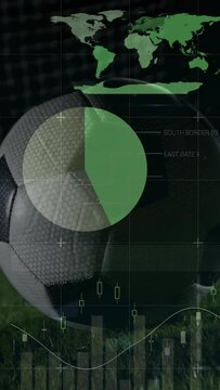 Vertical video: Soccer ball sitting on turf camera activating HUD sports data updating pie charts