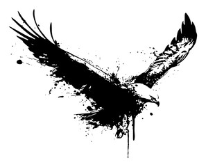 Powerful flying eagle silhouette rendered in black grunge ink style © Wuszu