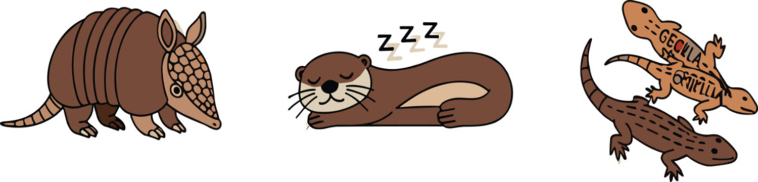 Cartoon Armadillo Sleeping Otter and Gila Monster Wildlife Animals Vector Illustration Set Isolated