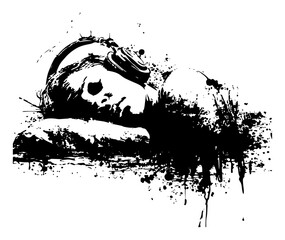 Obraz premium sleeping child wearing headphones in grunge ink splatter style