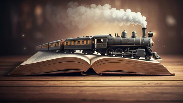 Vintage steam locomotive miniature on open book in warm light symbolizing imagination storytelling and literary journey for blogs websites educational presentations and publishing design