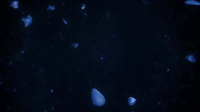 Abstract deep blue background with floating crystal like objects and glitter