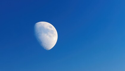 Clear Blue Sky Morning View Of The Moon With No Clouds: An Unobstructed Vision Of Earth'S Celestial Neighbor At Dawn.