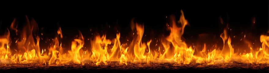 Vibrant orange and yellow flames dancing against a dark black background.