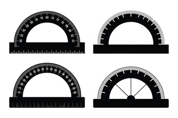 Four Black Protractors on White Background angle ruler