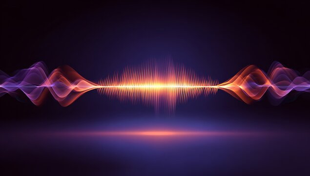 A vibrant abstract sound wave visualization glowing in orange and purple tones against a dark background, representing audio frequency, music energy, and digital signal technology.