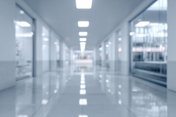 Blurred hospital corridor with bright lights and reflective floor.