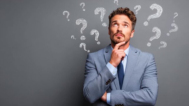 Man in a suit with arms crossed and question marks floating around his head