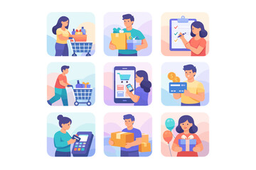Online shopping and ecommerce customer activities scenes collection