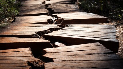 seismic. Wooden boardwalk fractured and displaced by seismic activity. ESG reports, sustainability campaigns, designed for sustainability communications and ESG reporting, drives climate awareness. 