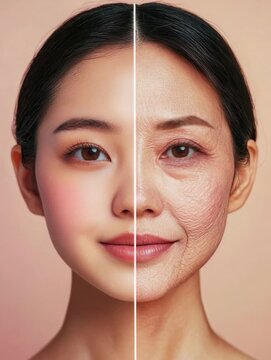 Comparing youthful skin and aged skin in a split image showing the effects of time and aging on appearance