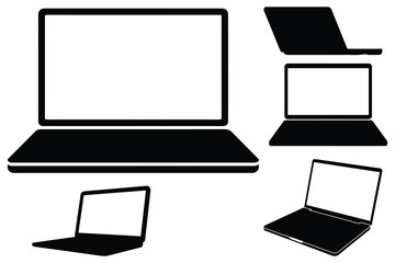 Black laptop computer in various positions silhouette