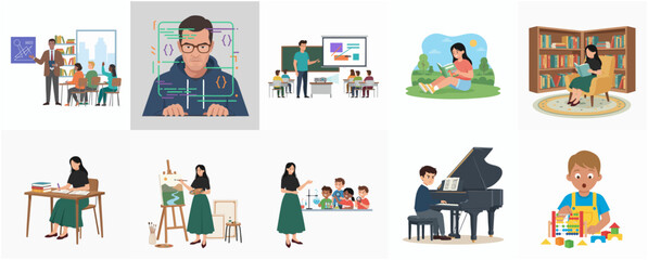 Cartoon Illustration Set of Teachers and Students in Different Learning Activities © Mariposa1818