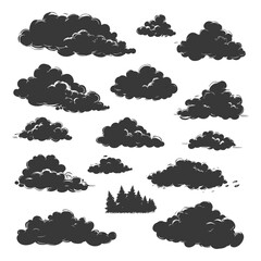 A Collection of Hand-Drawn Cloud Silhouettes with Trees