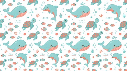 Fototapeta premium Cute Whale and Ocean Seamless Pattern