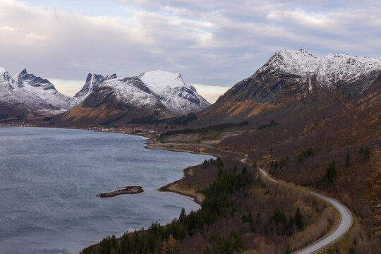 Bergsbotn viewpoint with snow covered peaks  in autumn.