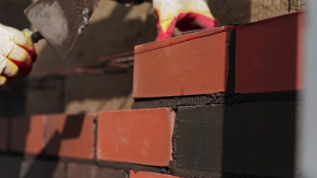 Bricklaying Process with Trowel and Mortar