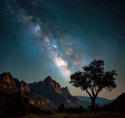 Milky Way Galaxy Shines Brightly Over Majestic Mountain Landscape and Lone Tree at Night.