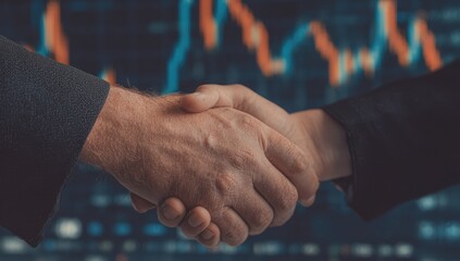 Business handshake with stock market graph background.