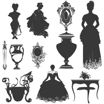A Collection of Silhouette Illustrations Depicting Elegant Women, Ornate Mirrors, and Decorative Vases
