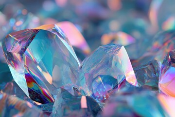 Close up of iridescent crystal shards with vibrant colors and abstract reflections.