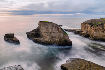 Obraz premium Shark Fin Cove along the California coast featuring dramatic layered rock formations and sea stacks rising from the Pacific Ocean. Long exposure captures smooth water and rugged coastal geology