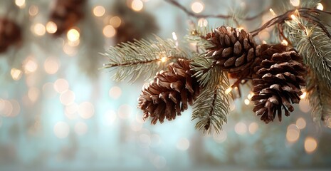 Close-up of Pine Cones and Festive Lights on a Christmas Tree Branch.