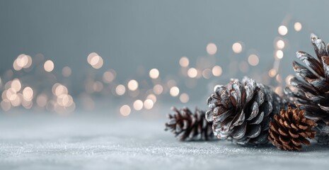 Snow-dusted pine cones with festive bokeh lights on a gray background.