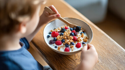 Child holds bowl of yogurt with berries and granola at home on a sunny morning