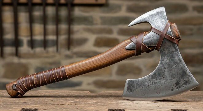 Viking Axe: A weathered viking axe, a symbol of power and craftsmanship, rests on a rustic wooden surface, its sharp blade hinting at strength and heritage.