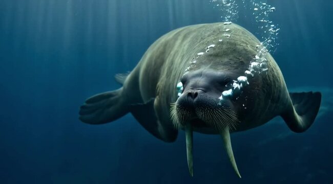 a marine wildlife and underwater exploration concept, featuring a close-up, dynamic view of a walrus swimming just beneath the water's surface.